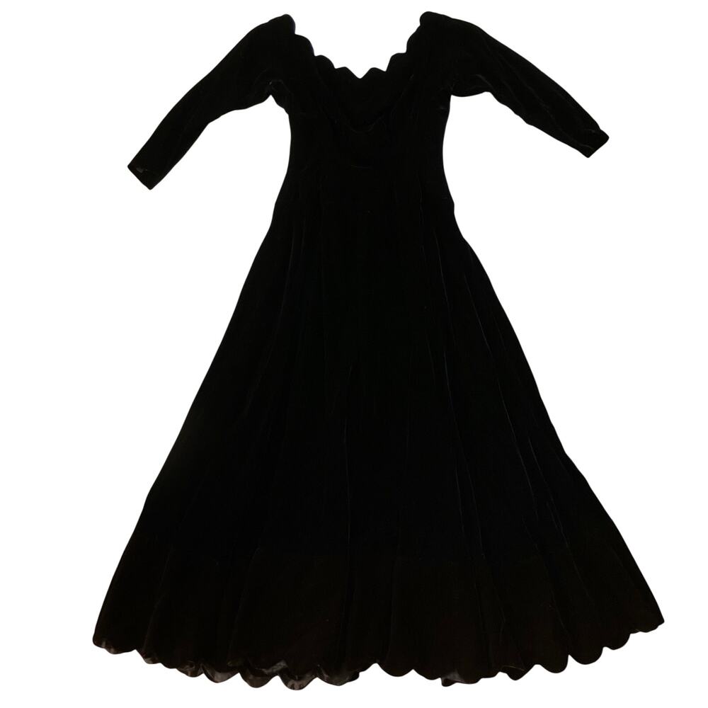 Scalloped Neck Velvet Princess Midi Gown Size Small Black Prom Glam 80s